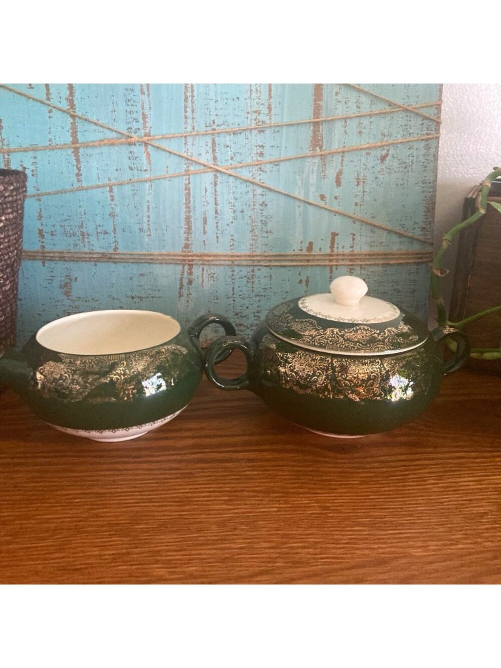Salem Hunter Green & Gold Floral Creamer Sugar Bowl Set Princess Jane Pattern